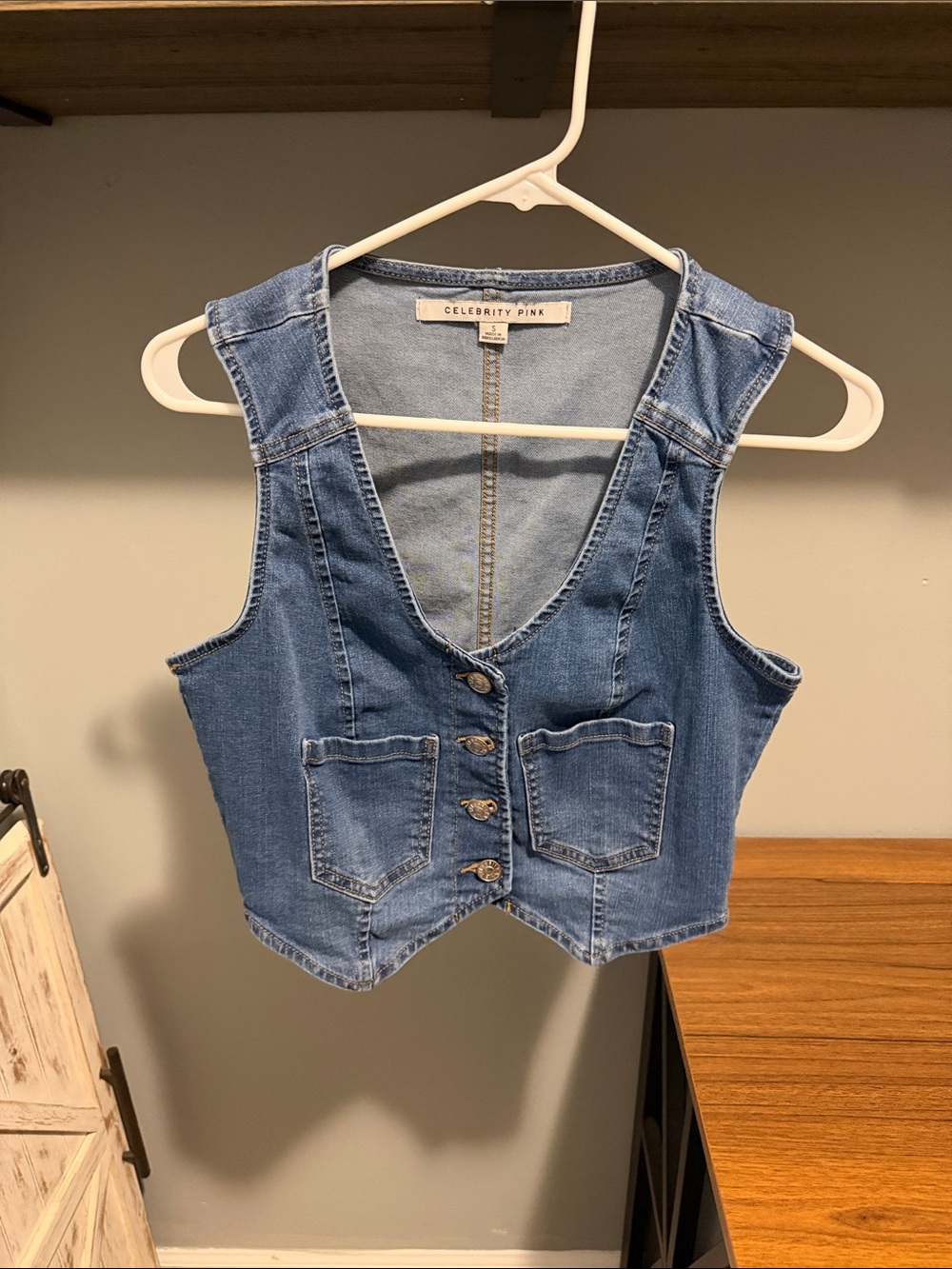 Celebrity Pink Denim Cropped Button Vest in Blue